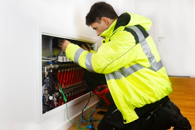 plumbing technician installing valve manifold